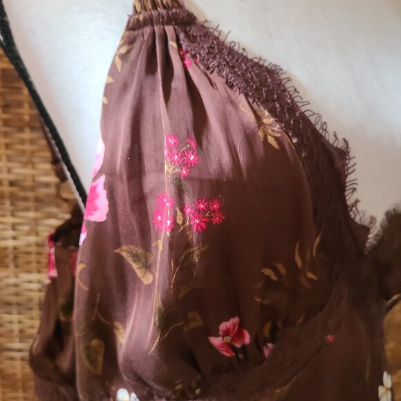 Old Navy Satin Maxi Dress L Brown pink white floral Halter Style Top Open Back - Picture 3 of 6